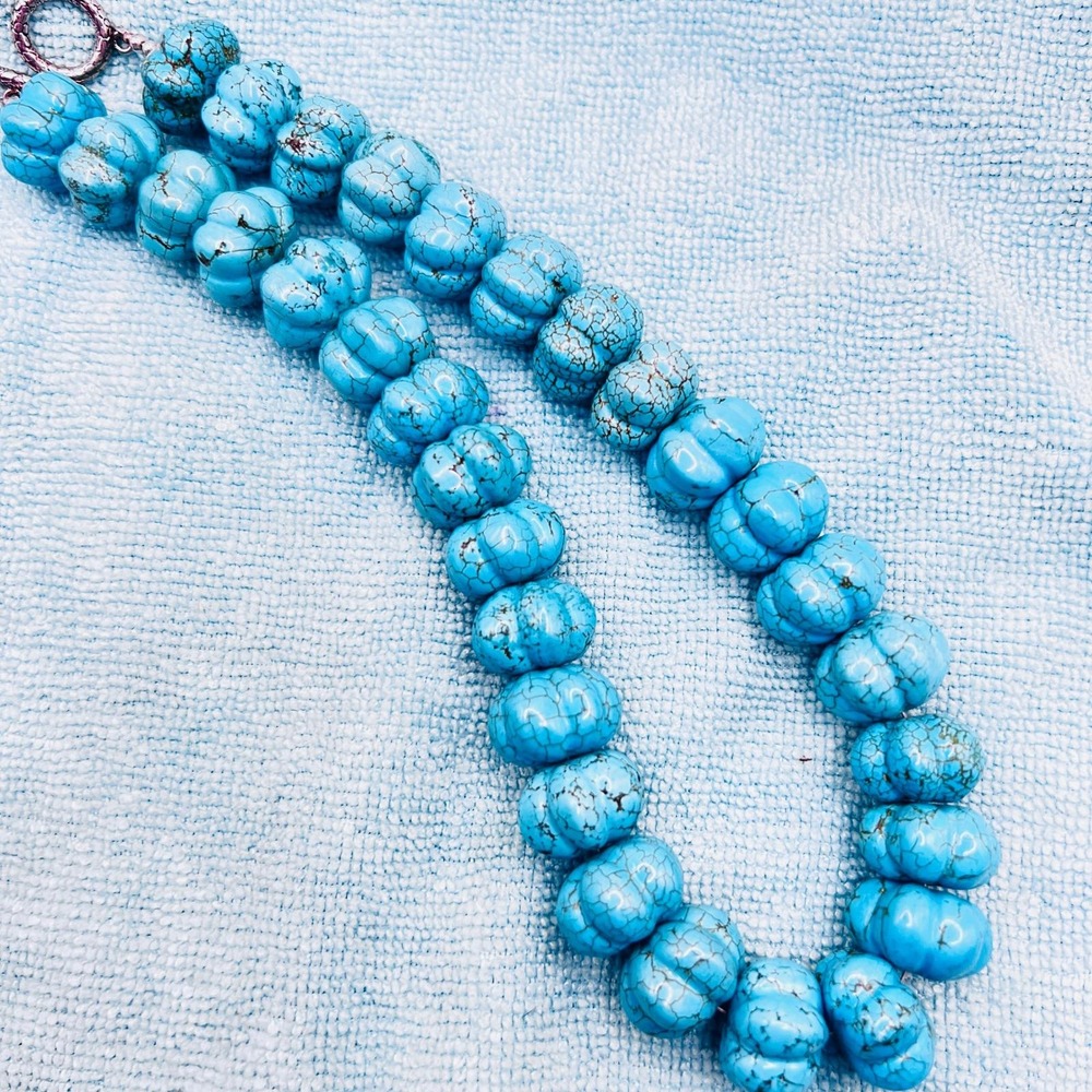 Blue Beaded Necklace Melon Shaped Stones Matrix  Sterling Silver‎ Clasp 16mm 18"
